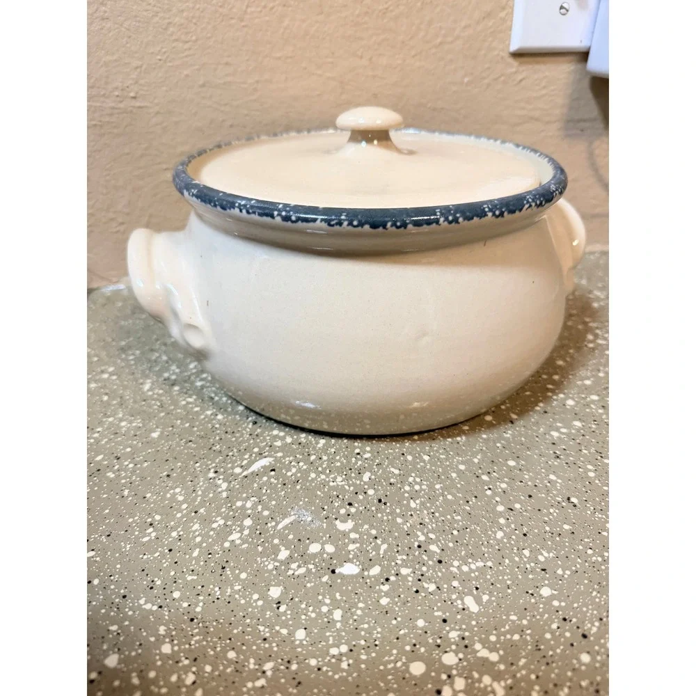 Vintage Style Ivy Leaf Ceramic Casserole Dish with Lid Blue Speckled‎ Rim Cream